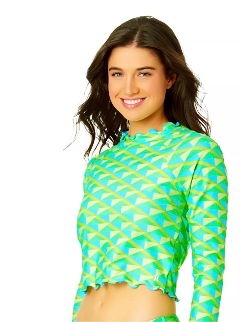 Juniors Cropped Swim Rashguard  Hurley Geo Rhythm Print  Neon Green & Aqua Sz L